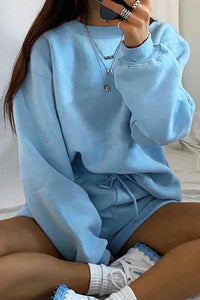 Plain Long Sleeves Sweatshirt and Short 2pcs Set