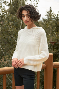 Ivory Knit Balloon Sleeve Hooded Relaxed Sweater Top