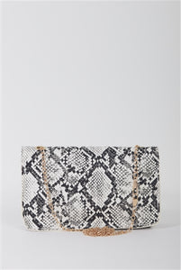 White Faux Snake Leather Crossbody Bag with Metal Chain