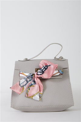 Grey Textured Pleather Satin Printed Twilly Scarf Satchel Handbag