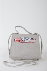 Grey Textured Pleather Satin Printed Twilly Scarf Satchel Handbag