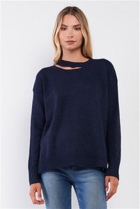 Navy Crew Neck With Cut-Out Detail Loose Fit Sweater