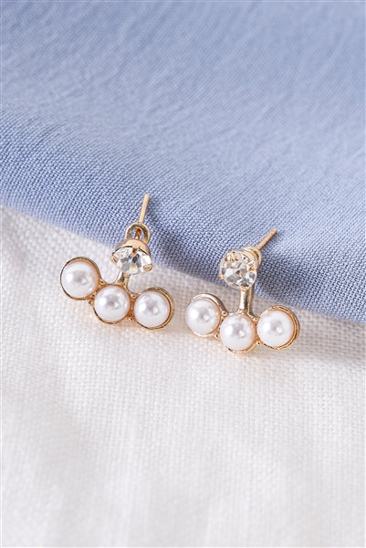 Gold Tripple Pearl Faux Diamond Stud Earrings