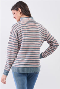 Teal & Pink Stripped Turtle Neck Multi-Knit Sweater
