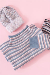 Teal & Pink Stripped Turtle Neck Multi-Knit Sweater