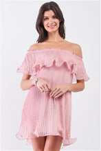 Flirty Pink Pleated Off-The-Shoulder Frill Trim Mini Dress
