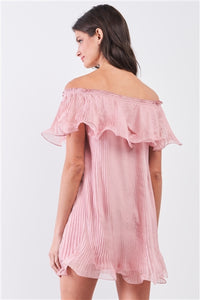 Flirty Pink Pleated Off-The-Shoulder Frill Trim Mini Dress