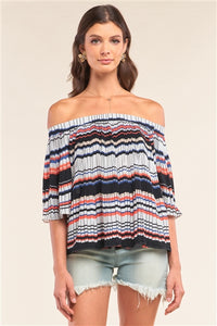 Multicolor Striped Pleated Off-The-Shoulder Midi Sleeve Loose Fit Top