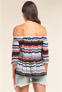 Multicolor Striped Pleated Off-The-Shoulder Midi Sleeve Loose Fit Top
