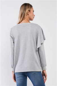 Heather-Gray Ruffled Crew Neck Long Sleeve Sweatshirt