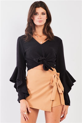 Black Fuzzy Long Ruffle Sleeve Self-Tie Front Detail Cropped Top
