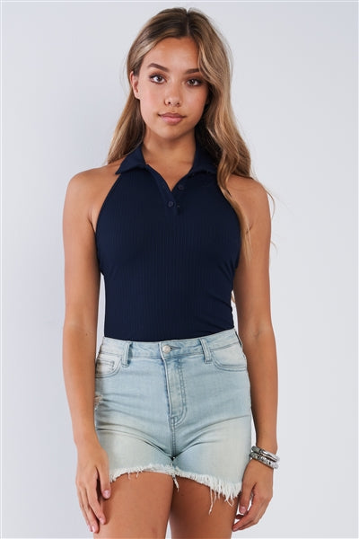 Navy Blue Collared Ribbed Button Up Sleeveless Halter Bodysuit