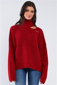 Hot Red "LOVE"  Shoulder Cutout Turtleneck Sweater