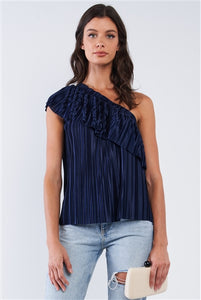 Solid Navy Blue Satin Crinkle Asymmetric Off-One-Shoulder Ruffle Detail Top