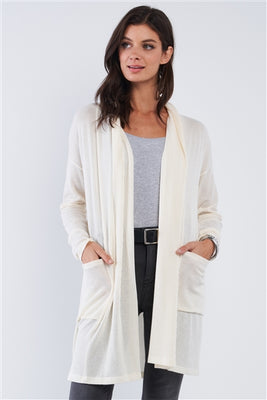 Ivory Open Front Pleated Collar Ribbed Long Sleeve Cardigan