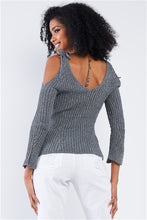 Grey Silver Tinsel Knitted Peek-A-Boo Shoulder Top
