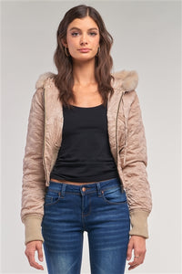 Cropped Taupe Winter Bomber Jacket With Faux Fur Hood