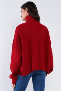 Hot Red "LOVE"  Shoulder Cutout Turtleneck Sweater