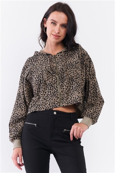Olive & Black Leopard Print Zip-Up Hooded Crop Sweatshirt