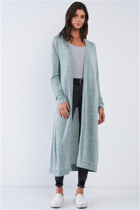 Sage Open Front Long Sleeve Cardigan With Side Pockets