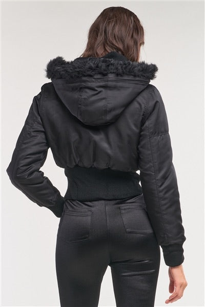 Ladies' Apparel - Cropped Black Winter Bomber Jacket With Faux Fur Hood –  Charmed & Fortunate