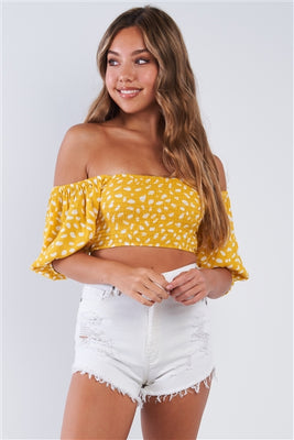 Yellow Polka Dotted Off The Shoulder Puff Sleeve Crop Top