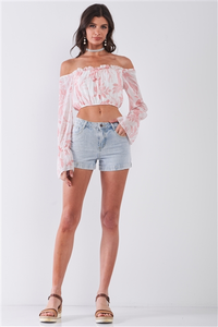White & Pink Leaf Print Off-The-Shoulder Long Flounce Sleeve Cropped Top