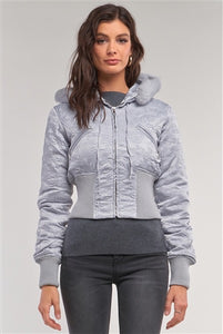 Icy Silver Winter Bomber Jacket with Fur Hood