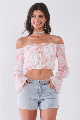 White & Pink Leaf Print Off-The-Shoulder Long Flounce Sleeve Cropped Top