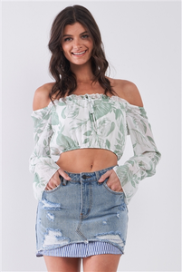 White & Green Leaf Print Off-The-Shoulder Long Flounce Sleeve Cropped Top
