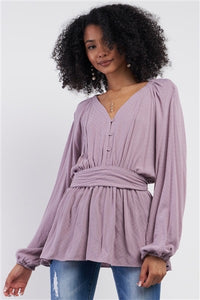 Lilac V-Neck, Button-Down, Long-Sleeve Blouse