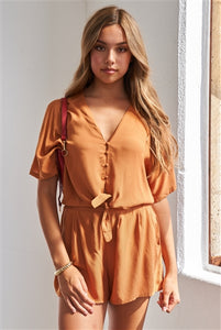 Caramel Relaxed Fit Front Tie Short Sleeve Romper