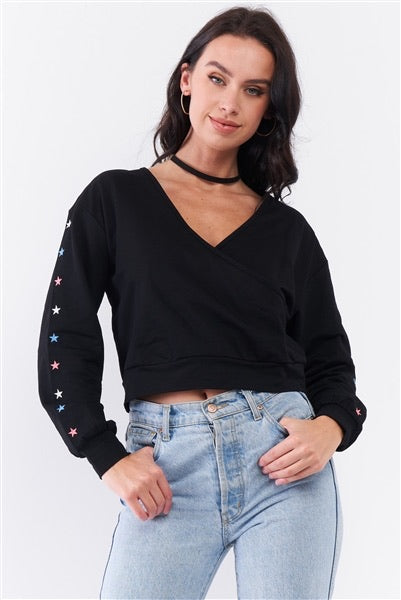 Black Star Embellished Long Sleeve Crop Sweatshirt