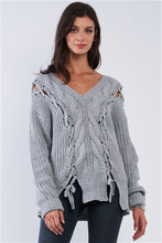 Light Grey Cable Knit Draw String Self Tie V-Neck Oversized Sweater
