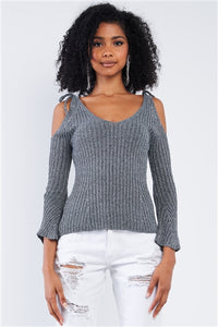 Grey Silver Tinsel Knitted Peek-A-Boo Shoulder Top