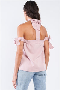 Dusty Rose Bow Tie, T-Silhouette Back Halter, and Ribbon Sleeves Top