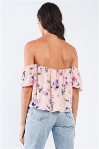 Peach Multicolor Floral Print Off-The-Shoulder Flying Cropped Top