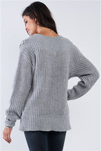 Light Grey Cable Knit Draw String Self Tie V-Neck Oversized Sweater