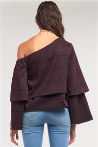 Plum & Navy Plaid One-Shoulder Layered Top