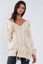 Cable Knit Draw String Self Tie V-Neck Sweater