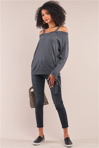 Grey Off-The-Shoulder Heart Neckline Relaxed Fit Sweater