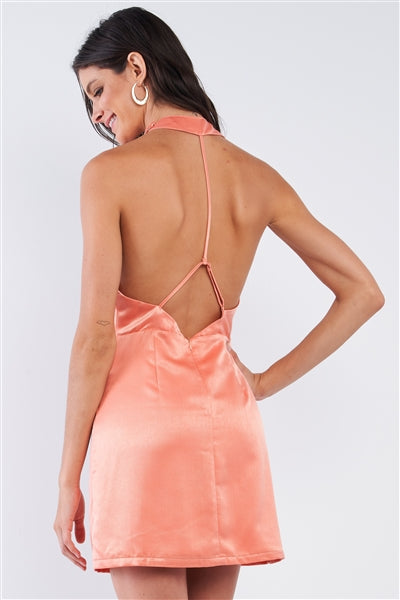 coral satin mini dress Coral Satin Razor Back Strap Cocktail Mini Dress – Charmed & Fortunate