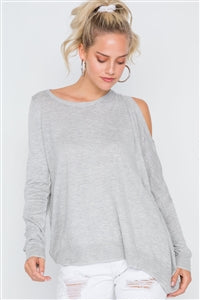 Heather Grey Asymmetrical, Cold-Shoulder Sweater