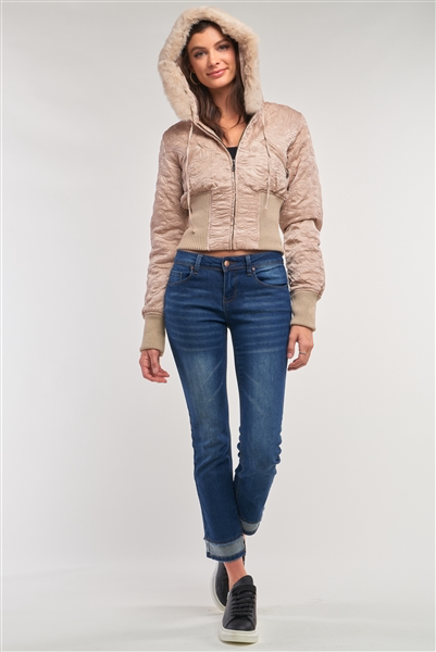 Image of a taupe bomber jacket that’s cropped at the midriff, features a removable faux-fur hood with drawstrings, a zipper closure, and two zipper breast pockets.