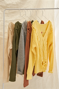 Cable Knit Draw String Self Tie V-Neck Sweater