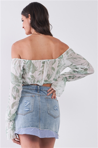 White & Green Leaf Print Off-The-Shoulder Long Flounce Sleeve Cropped Top