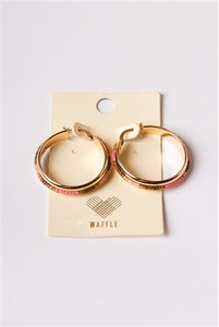 Pink And Brown Beaded Accent Gold Hoop Earrings