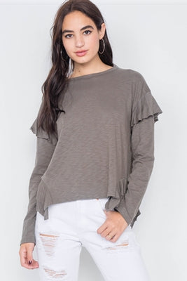 Image of an olive-grey long-sleeve top with a handkerchief hemline and a dropped flounce-shoulder sleeve.